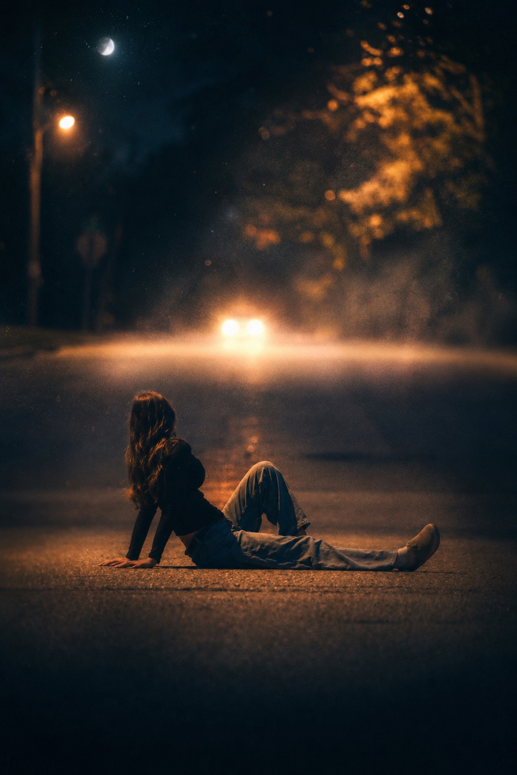 A person sitting in the road at night beneath distant headlights.