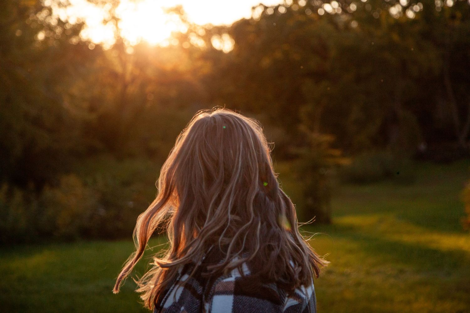 Sunlight falling across a person’s hair in a field.